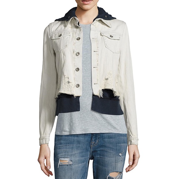 Free People Double Weave Denim Jacket Hoodie Distressed Layered Hooded